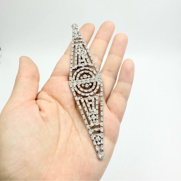 Vintage Silver Tone Art Deco Filigree Rhinestones Brooch Bar Pin - Picture 2 of 7